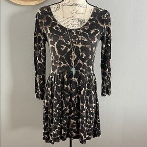 Cotton On Leopard Print Long Sleeve Skater Dress Black Taupe Small